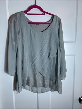 Giulia Women’s XL Long Sleeve Tunic Top Gray Sparkly Silk Shell 4070